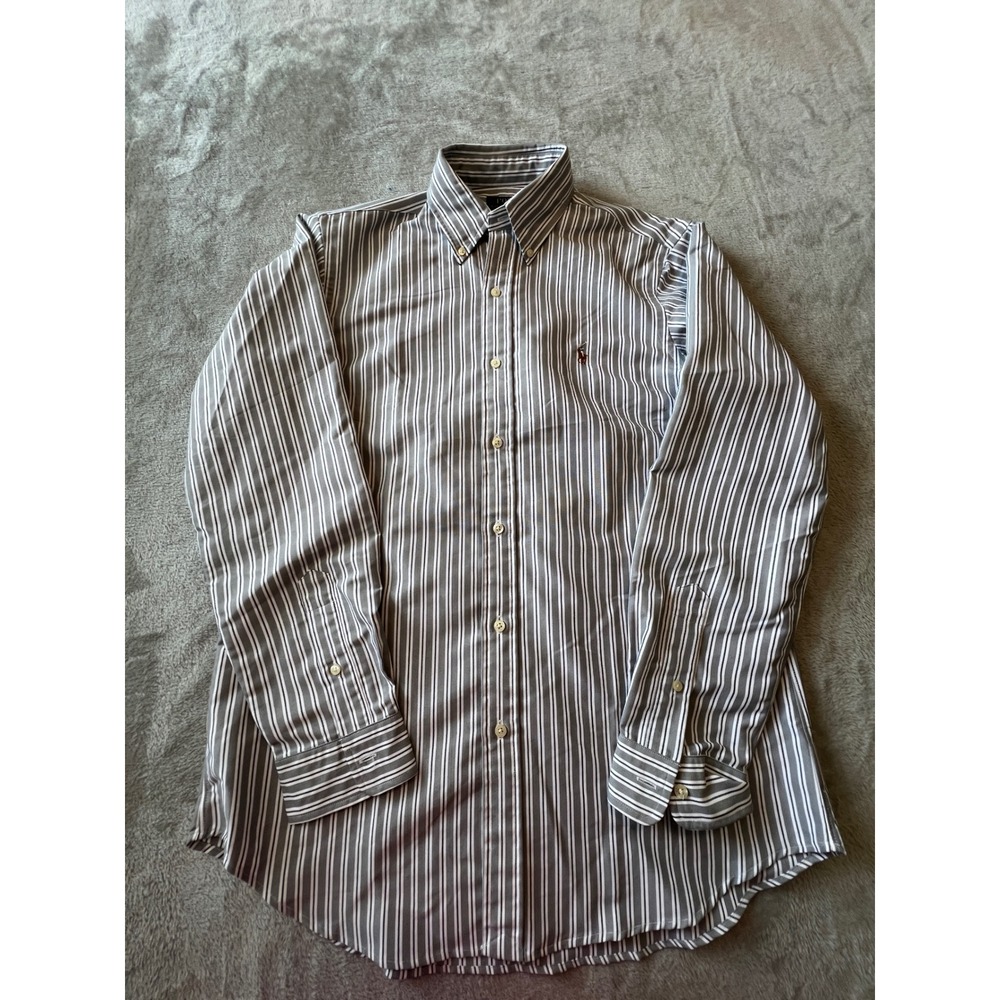 Polo Ralph Lauren Button Down Shirt Mens Medium Gray Striped Classic Performance